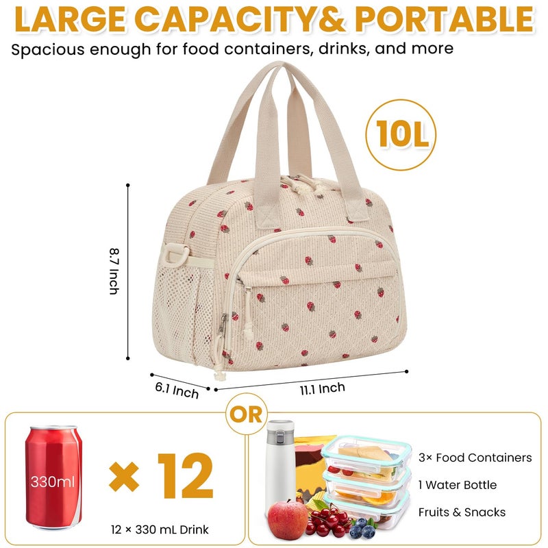 ELONGRIVER Corduroy Insulated Lunch Bag for Women Teen Girls, Portable Adult Lunch Box, Reusable Tote Cooler Bags, Lightweight Womens Lunch Bags with Front Pockets Work Picnic Travel, Beige Strawberry - Image 3