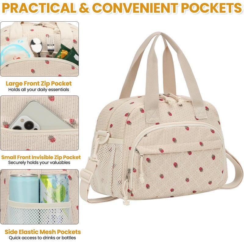 ELONGRIVER Corduroy Insulated Lunch Bag for Women Teen Girls, Portable Adult Lunch Box, Reusable Tote Cooler Bags, Lightweight Womens Lunch Bags with Front Pockets Work Picnic Travel, Beige Strawberry - Image 5