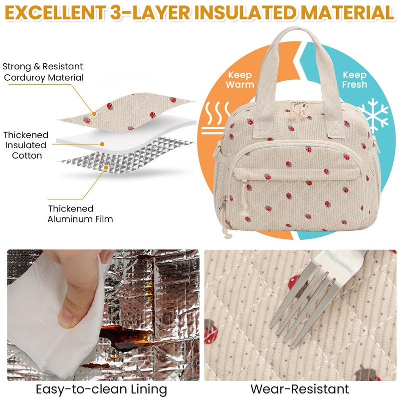 ELONGRIVER Corduroy Insulated Lunch Bag for Women Teen Girls, Portable Adult Lunch Box, Reusable Tote Cooler Bags, Lightweight Womens Lunch Bags with Front Pockets Work Picnic Travel, Beige Strawberry - Image 4