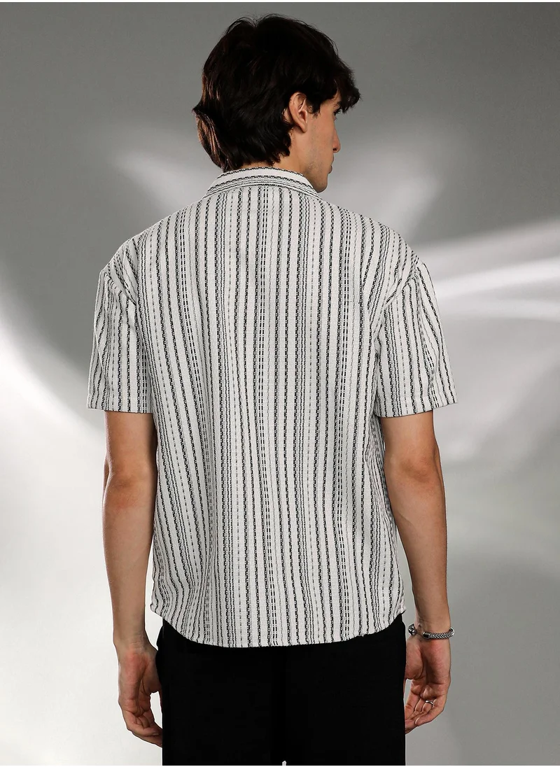Campus Sutra Men's Off-White & Midnight Black Striped-Weave Oversized Shirt