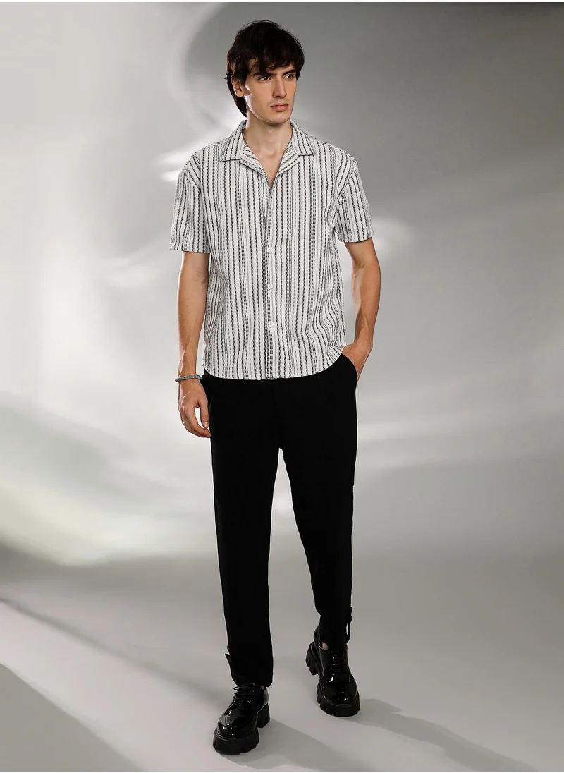Campus Sutra Men's Off-White & Midnight Black Striped-Weave Oversized Shirt