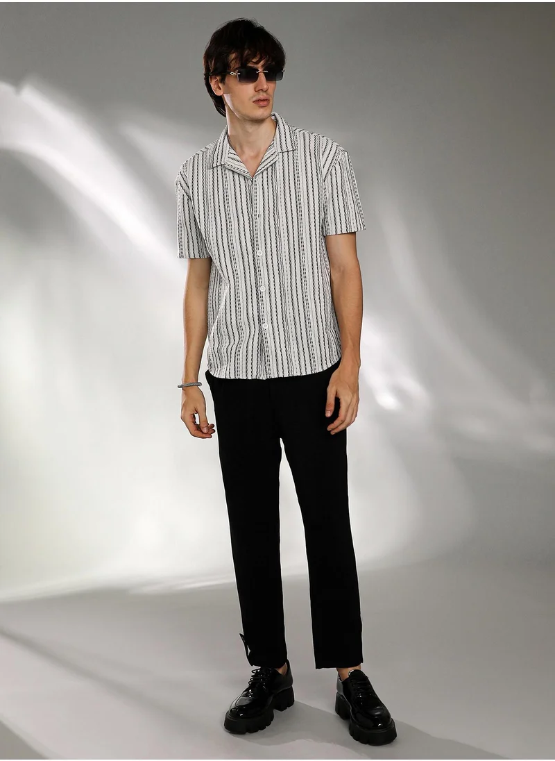 Campus Sutra Men's Off-White & Midnight Black Striped-Weave Oversized Shirt