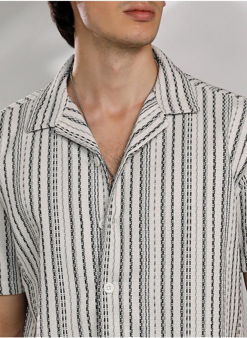 Campus Sutra Men's Off-White & Midnight Black Striped-Weave Oversized Shirt