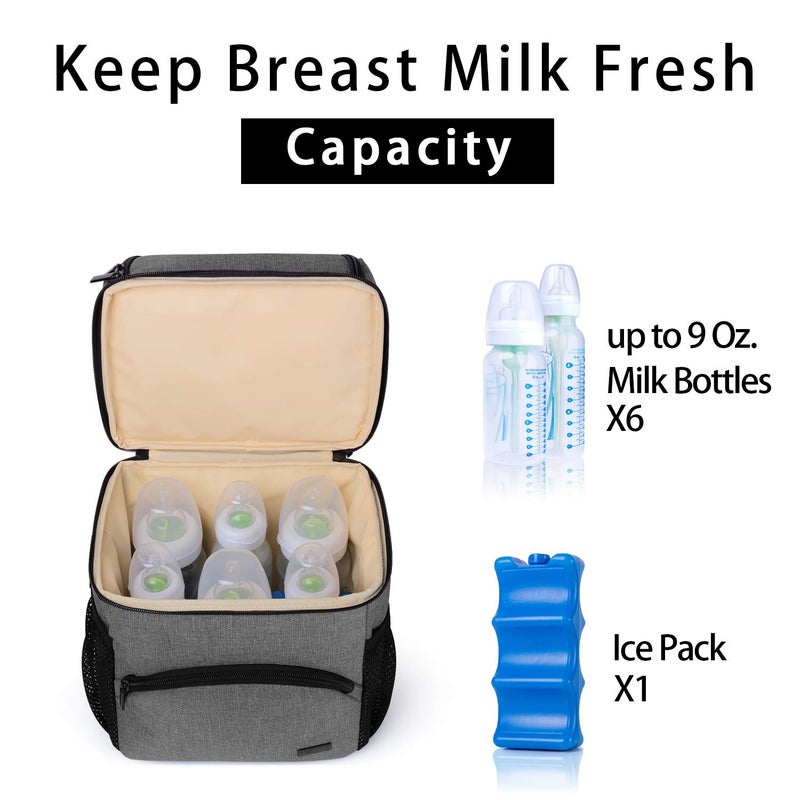 Teamoy Breastmilk Cooler Bag with Ice Pack, Double Layer Travel Bottle Cooler Tote - Fits 6 Large 9 oz Bottles, Gray - Image 2