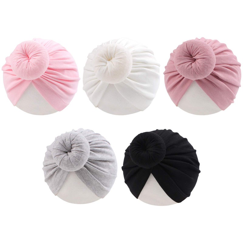 Baby Girl Turban Newborn Beanie Hat 5 Pieces Cotton Infant Girls Headwraps Toddler Kids Hats 03 Years BallWhiteBlackGrayLight PinkTaro Pink