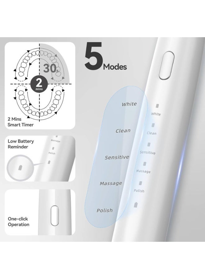 سيجو فرشاة أسنان كهربائية من سيجو للبالغين مزودة بمستشعر ضغط، وحامل فرشاة أسنان سونيك يُثبت على الحائط، وعمر بطارية يصل إلى 30 يومًا، و5 أوضاع تنظيف، و8 رؤوس بديلة، ومؤقت، ومقاومة للماء بمعيار IPX7 (أبيض) - Image 3