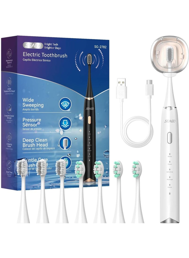 سيجو فرشاة أسنان كهربائية من سيجو للبالغين مزودة بمستشعر ضغط، وحامل فرشاة أسنان سونيك يُثبت على الحائط، وعمر بطارية يصل إلى 30 يومًا، و5 أوضاع تنظيف، و8 رؤوس بديلة، ومؤقت، ومقاومة للماء بمعيار IPX7 (أبيض) - Image 1