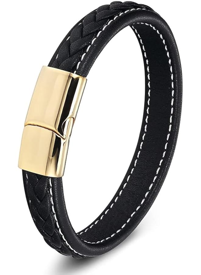 AC&L Leather Bracelet For Men Braided with Metal Metallic Steel Gold Buckle Retro Men Jewelry Fashion