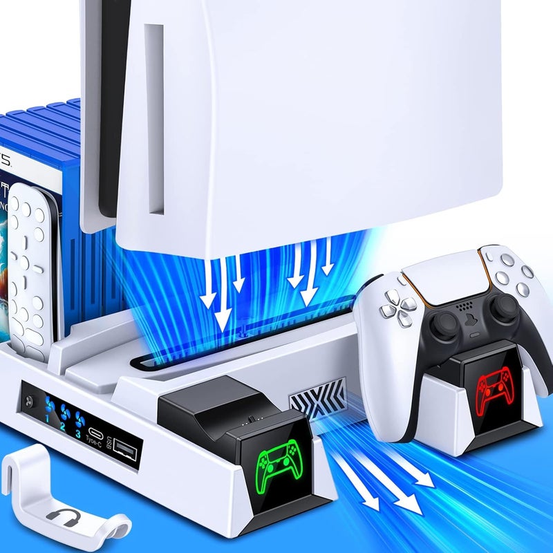 ميكينج تك حامل PS5 مع محطة شحن وتبريد لوحدة تحكم PS5 الإصدار الرقمي وإصدار الأقراص، محطة شحن مزدوجة لوحدات التحكم، 3 سرعات مروحة تبريد، فتحات ألعاب (النمط 1) - Image 1