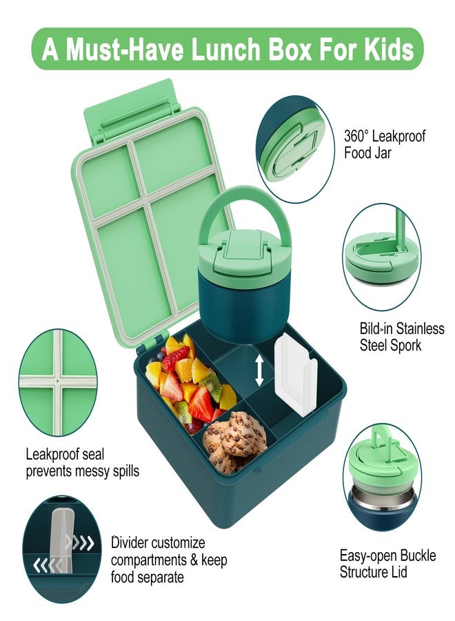 MAXSO Bento Lunch Box Set for Kids with 8 oz Soup Thermo, Leakproof Hot Food Container with 4 Compartments, Insulated Food Jar for Toddler Daycare Boys Girls School - Green - Image 2