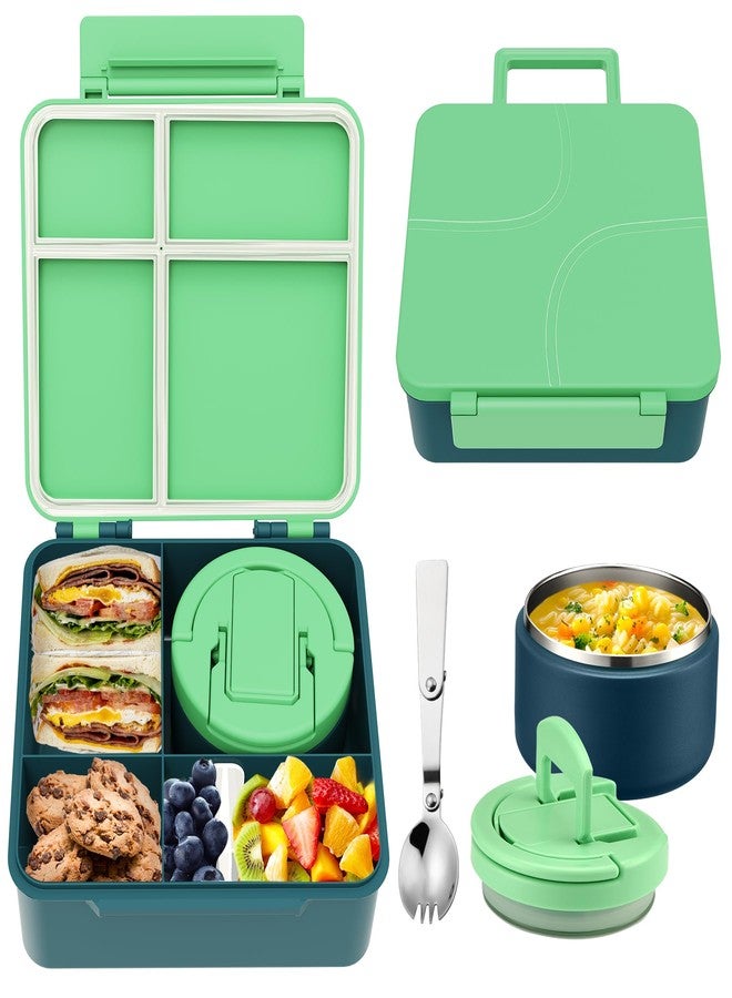 MAXSO Bento Lunch Box Set for Kids with 8 oz Soup Thermo, Leakproof Hot Food Container with 4 Compartments, Insulated Food Jar for Toddler Daycare Boys Girls School - Green - Image 1