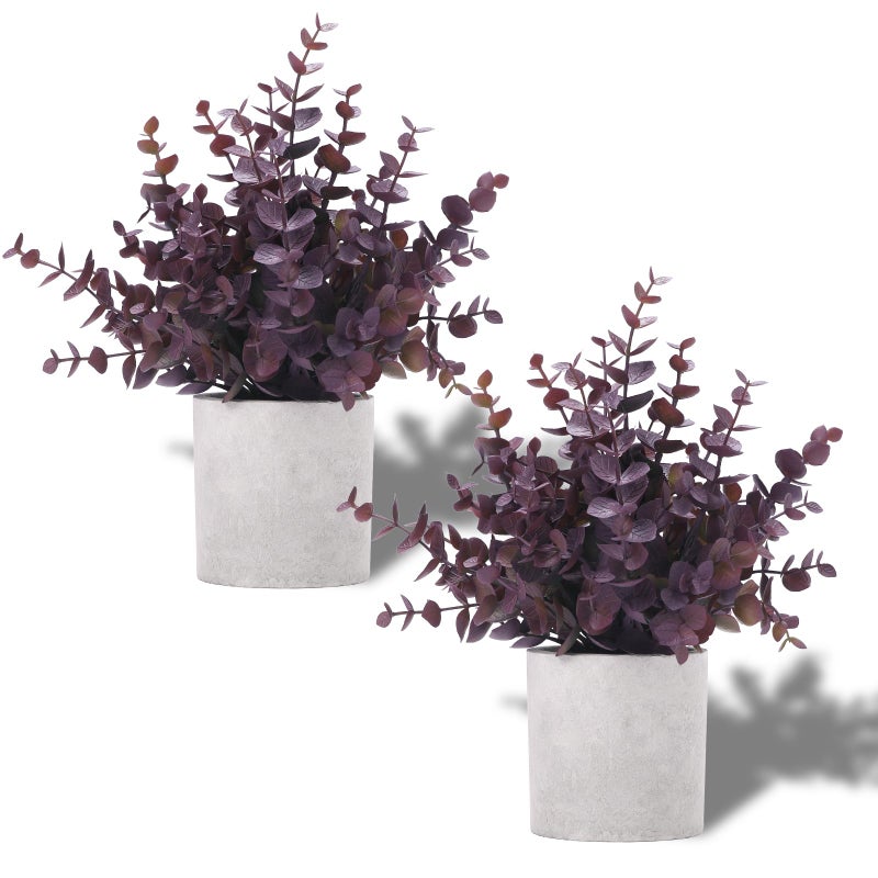 Coferset 2 Pack Small Fake Plants Eucalyptus Potted Artificial Plants Fall Decorations for Home Shelf Office Bathroom Desk Farmhouse Room Coffee Table Decor Halloween Decor Plum - Image 2