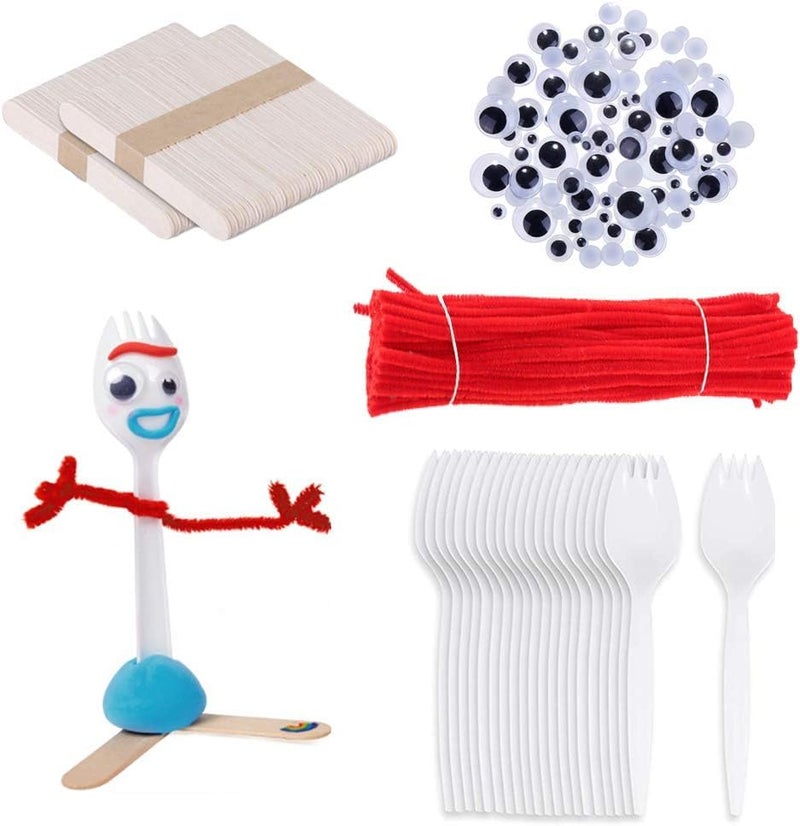 Vazkequ 100 Set Fork Creativity Set Plastic Sporks Red Pipe Cleaners Clever Eyes Popsicle StickMake Your own Forky - Image 1