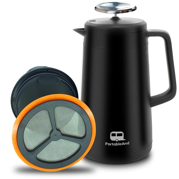 34OZ DOUBLE VACUUM INSULATION LARGE SILICONE FRENCH PRESS COFFEE MAKER WITH SILICONE RING STAINLESS STEEL PERFECT FOR CAMPING TRAVEL AND ATHOME USE MATTE BLACK