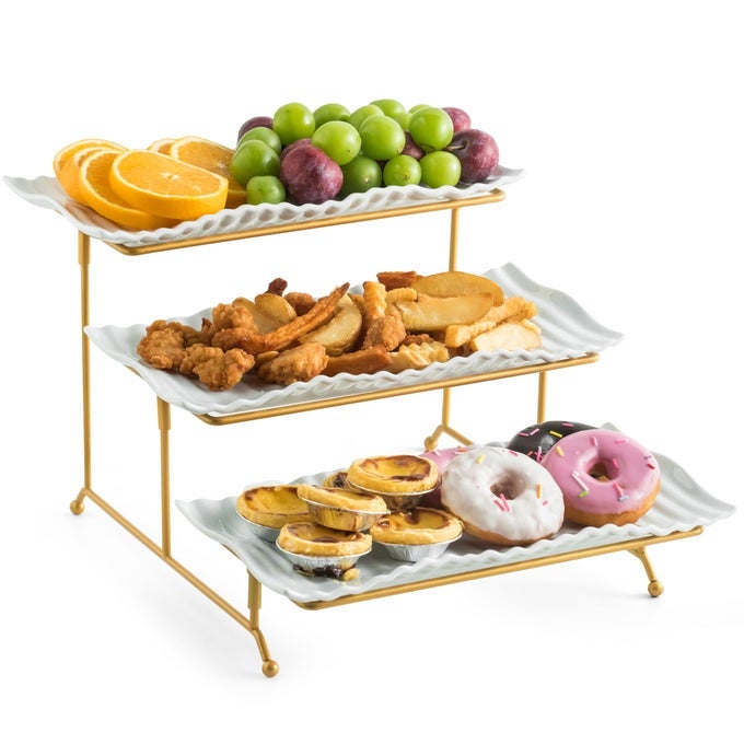 3 TIER TRAYS STAND PORCELAIN SERVING TRAYS COLLAPSIBLE STURDIER STAND SERVING PLATTERS DESSERT TABLE DISPLAY SET FOR PARTY ENTERTAINING VALENTINES DAY CHRISTMAS GOLD 122 INCH