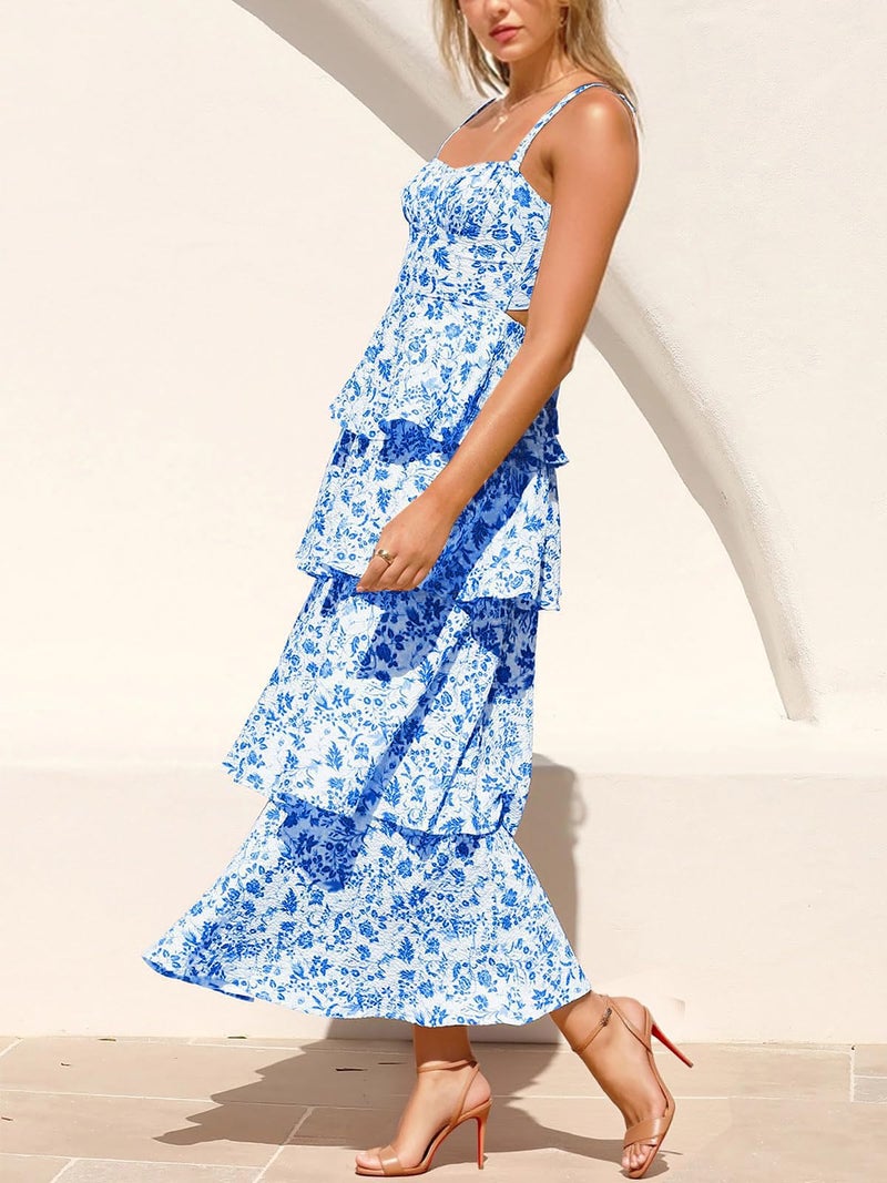 Fisoew Womens Floral Maxi Dresses Spaghetti Strap Casual Sleeveless Ruffle Flowy Tiered Dress Royal Blue - Image 2