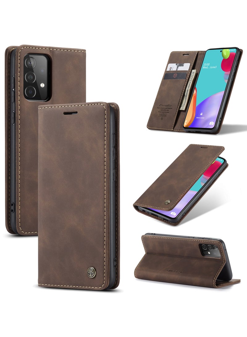 CaseMe Samsung Galaxy A52 5G / 4G Wallet Case Book Folding Flip Folio Case with Magnetic Kickstand Card Slots Protective Cover - Coffee - Image 1