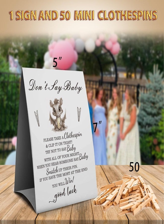 Muruseni Don't Say Baby Clothespin Games Sign(1 Sign + 50 Mini Clothespins), Baby Shower Games, Little Dragon, Gender Neutral Baby Shower - Image 3