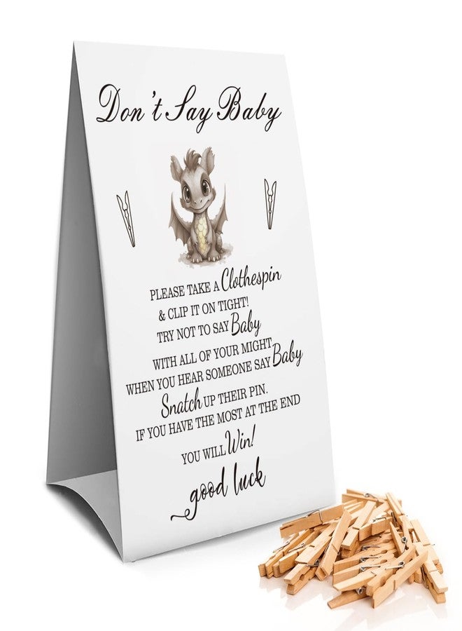 Muruseni Don't Say Baby Clothespin Games Sign(1 Sign + 50 Mini Clothespins), Baby Shower Games, Little Dragon, Gender Neutral Baby Shower - Image 2