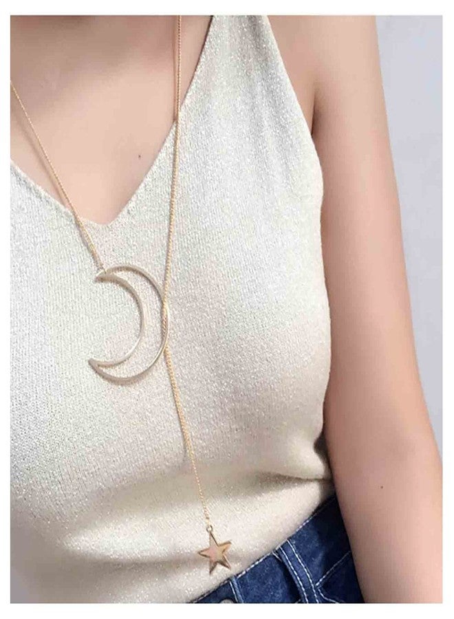 Yheakne Boho Moon Star Lariat Necklace Long Gold Y Drop Necklace Chain Hollow Moon Choker Star Pendant Necklace Minimalist Y Necklace Jewelry for Women - Image 2