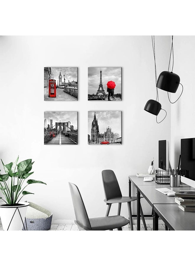 sunfrower Paris Eiffel Tower Wall Art Canvas Prints Black and White Brooklyn Bridge Home Decor City Landscape Pictures Painting Decoration 16x16 Inch 4 Pcs Red Umbrella Telephone Booth Big Ben Modern Artwork - Image 4