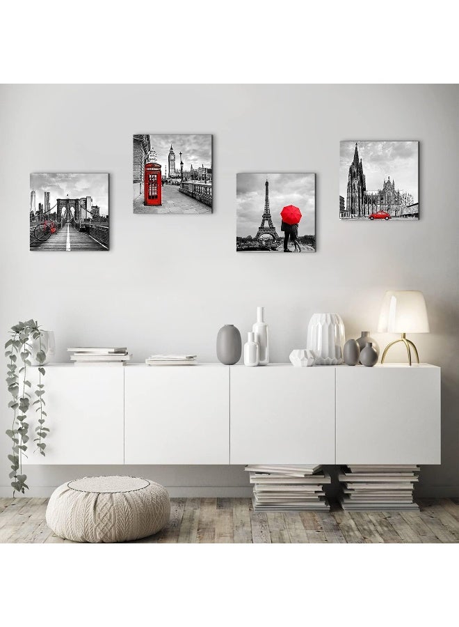 sunfrower Paris Eiffel Tower Wall Art Canvas Prints Black and White Brooklyn Bridge Home Decor City Landscape Pictures Painting Decoration 16x16 Inch 4 Pcs Red Umbrella Telephone Booth Big Ben Modern Artwork - Image 5