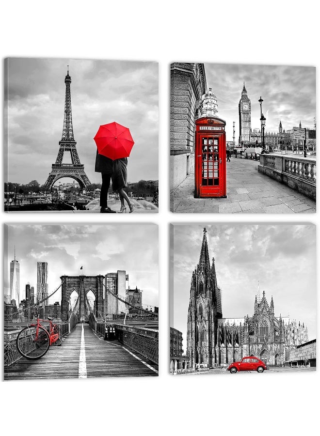 sunfrower Paris Eiffel Tower Wall Art Canvas Prints Black and White Brooklyn Bridge Home Decor City Landscape Pictures Painting Decoration 16x16 Inch 4 Pcs Red Umbrella Telephone Booth Big Ben Modern Artwork - Image 1