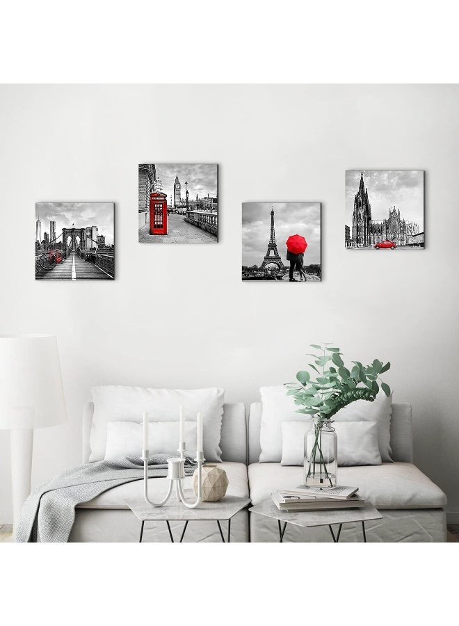 sunfrower Paris Eiffel Tower Wall Art Canvas Prints Black and White Brooklyn Bridge Home Decor City Landscape Pictures Painting Decoration 16x16 Inch 4 Pcs Red Umbrella Telephone Booth Big Ben Modern Artwork - Image 2
