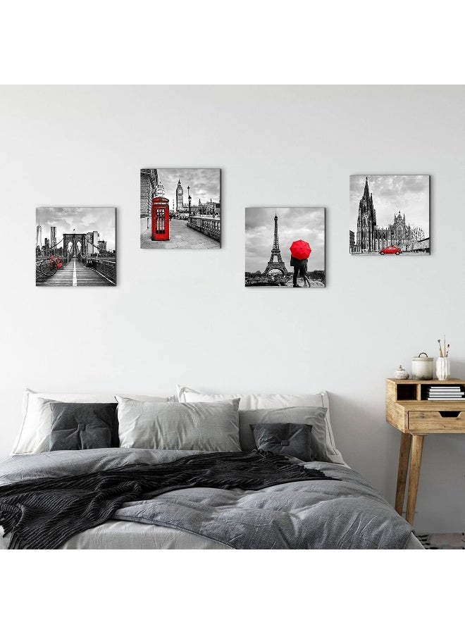 sunfrower Paris Eiffel Tower Wall Art Canvas Prints Black and White Brooklyn Bridge Home Decor City Landscape Pictures Painting Decoration 16x16 Inch 4 Pcs Red Umbrella Telephone Booth Big Ben Modern Artwork - Image 3
