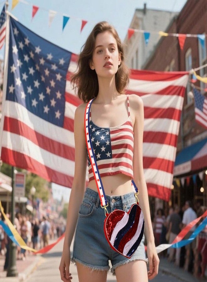 سيالكسهيني حقيبة يد أمريكية مطرزة بالخرز على شكل العلم الأمريكي للنساء، باللون الأحمر والأبيض والأزرق، حقيبة كروسبودي للاحتفال بيوم الاستقلال الأمريكي، إكسسوارات وهدايا مستوحاة من الولايات المتحدة الأمريكية (النمط E) - Image 3