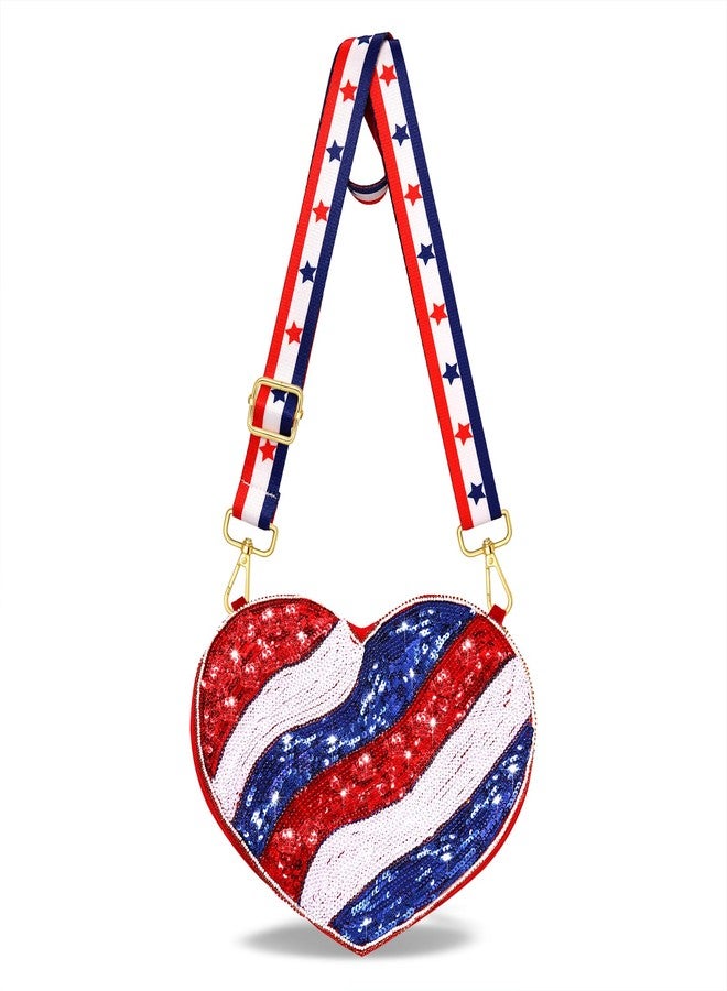 سيالكسهيني حقيبة يد أمريكية مطرزة بالخرز على شكل العلم الأمريكي للنساء، باللون الأحمر والأبيض والأزرق، حقيبة كروسبودي للاحتفال بيوم الاستقلال الأمريكي، إكسسوارات وهدايا مستوحاة من الولايات المتحدة الأمريكية (النمط E) - Image 1