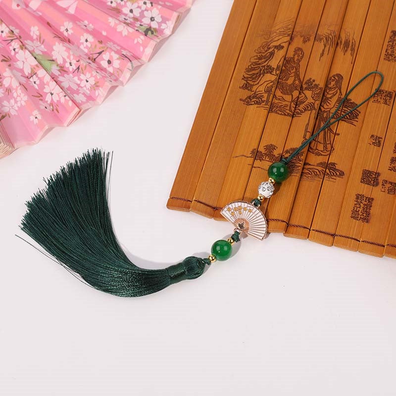 Generic Diamond Ball white fan tassel tassel Palace style cheongsam hanging tassel Han clothing accessories car hanging bag Press placket round beads hanging beard Dark green