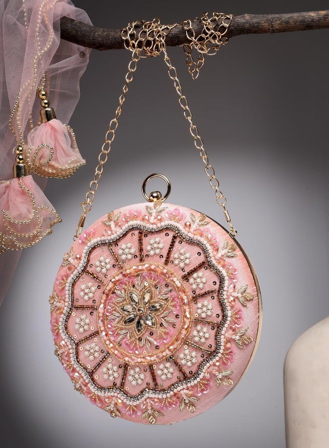 Anekaant Adorn Dusty Coral & Multi Floral Embellished Faux Silk Clutch - Image 2