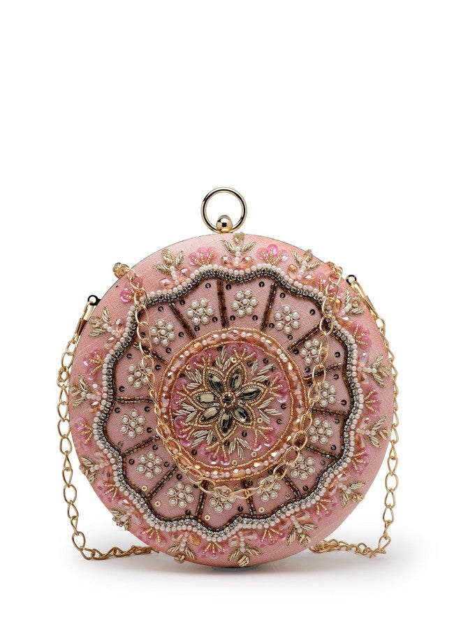 Anekaant Adorn Dusty Coral & Multi Floral Embellished Faux Silk Clutch - Image 1