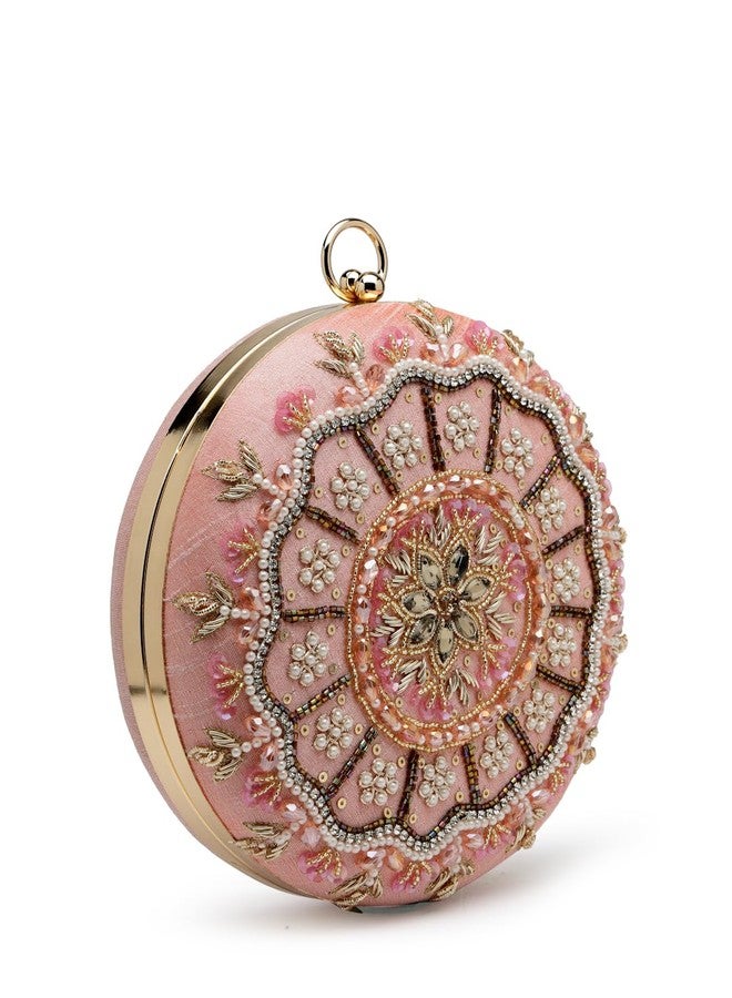 Anekaant Adorn Dusty Coral & Multi Floral Embellished Faux Silk Clutch - Image 4