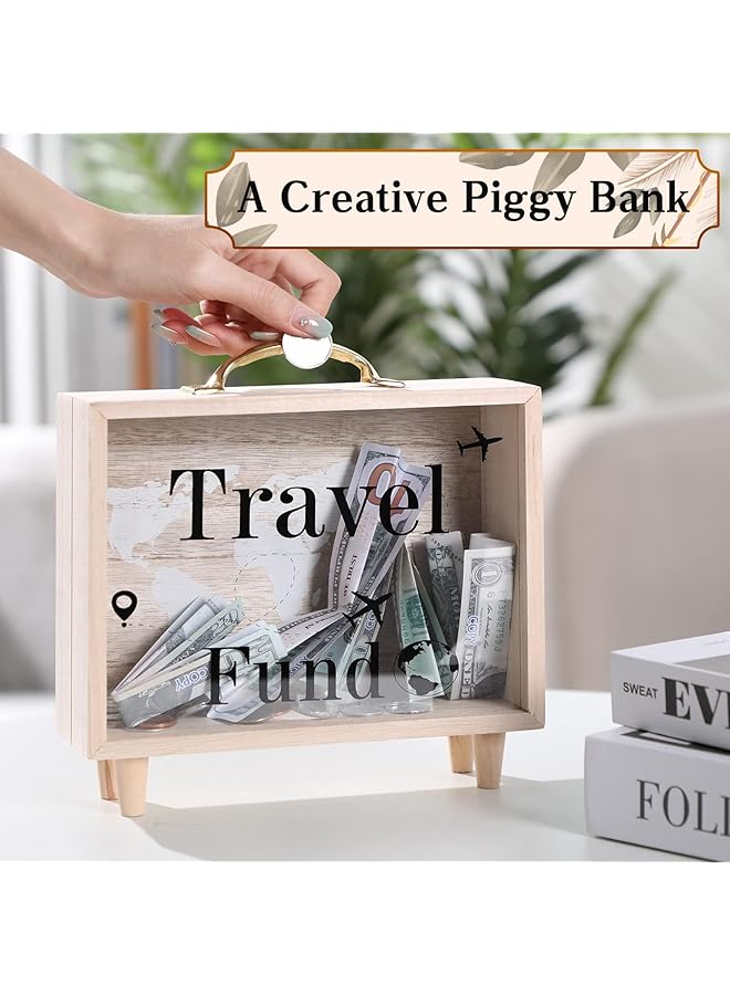 إيروريكس صندوق سفر، حصالة نقود خشبية بمقبض، صندوق نقود للإجازة، صندوق توفير مزخرف، حقيبة سفر للبالغين، سفر، إجازة، زفاف، 20 * 20 * 6.8 سم - Image 2