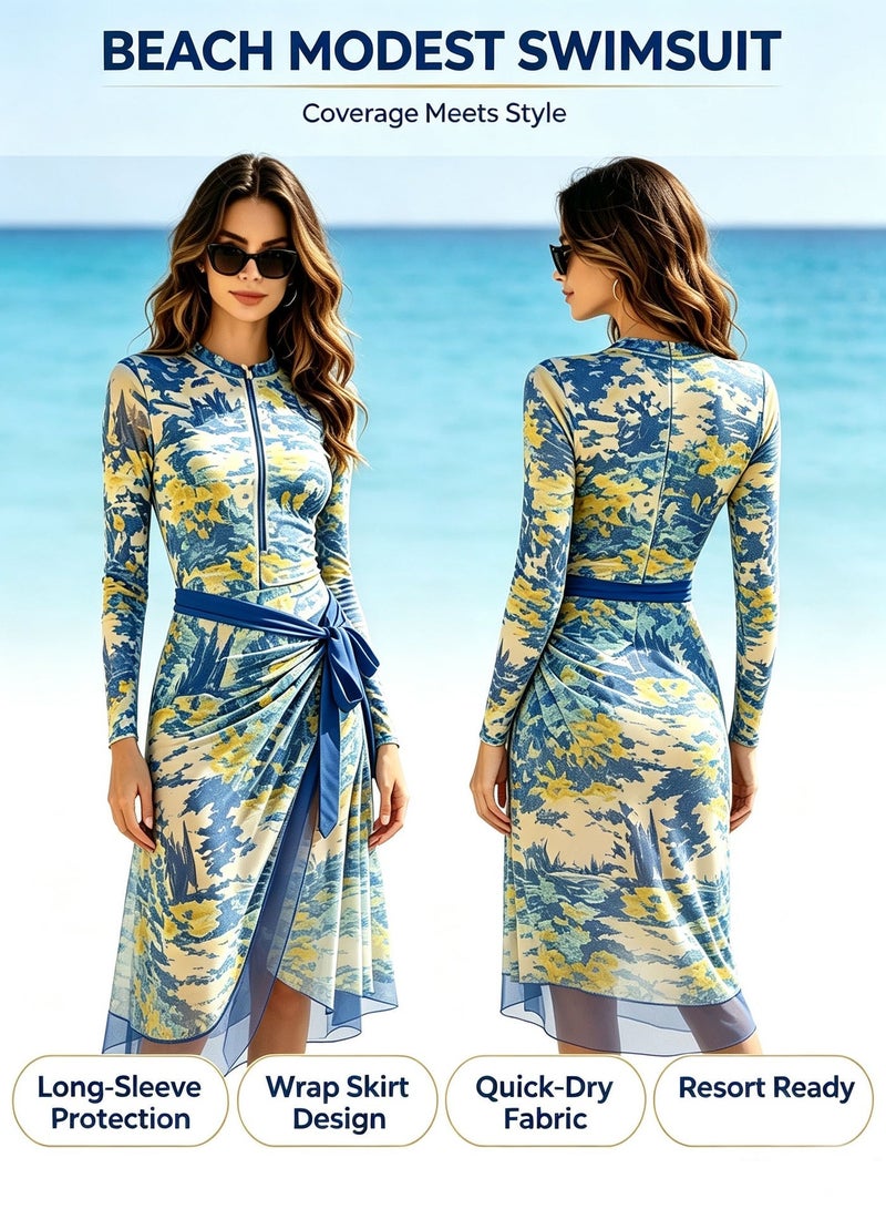 Swimwear 2-Piece Swimsuits Set Long Sleeve With Wrap Skirt Fashion Beachwear Sun UV Protection Comfortable Soft Breathable Blue Swimsuit Vacation Outfit - Image 1