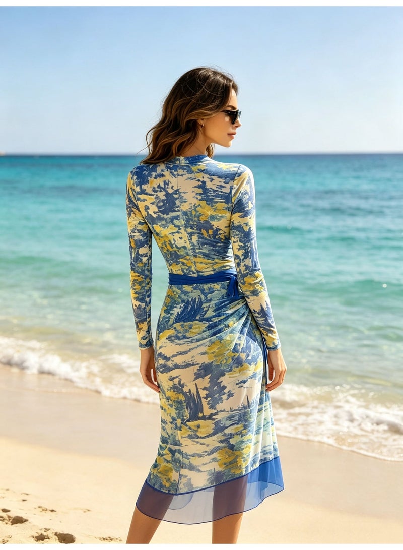 Swimwear 2-Piece Swimsuits Set Long Sleeve With Wrap Skirt Fashion Beachwear Sun UV Protection Comfortable Soft Breathable Blue Swimsuit Vacation Outfit - Image 3