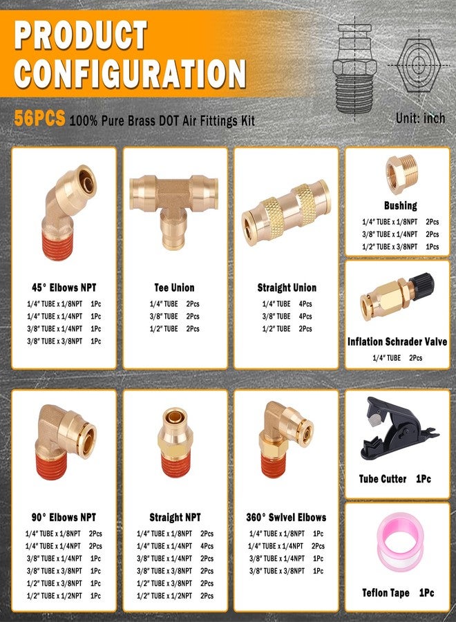 XaXmTee 56 Pcs Brass DOT Air Line Fittings kit with Brass Bushings Push to Connect Fittings Push Lock DOT Air Fittings NPT Thread & Quick Connect Air Hose Fittings - Image 2