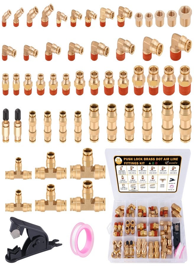 XaXmTee 56 Pcs Brass DOT Air Line Fittings kit with Brass Bushings Push to Connect Fittings Push Lock DOT Air Fittings NPT Thread & Quick Connect Air Hose Fittings - Image 1