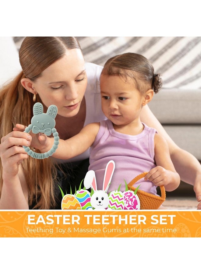 SPERRIC Easter Bunny Teether Set, Bunny, Carrot, Chicken, Rattle Egg & Easter Basket Baby Teething Toys Easter Teethers Toys for Babies - Green - Image 1