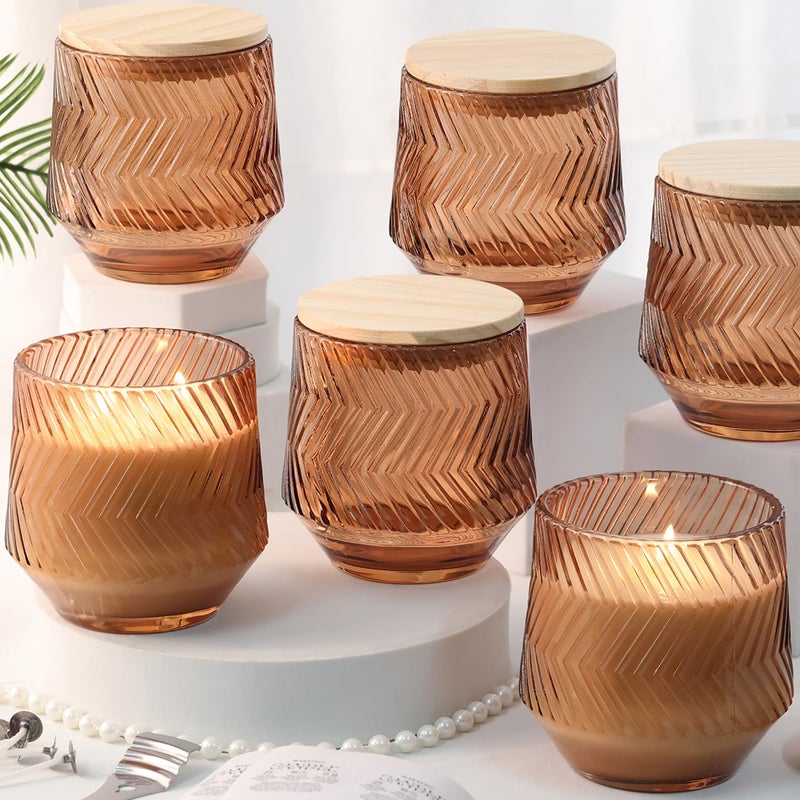 LAMORGIFT 6 Pcs 13.5 OZ Terracotta Large Candle Jars for Making Candles, Ribbed Unique Candle Jars, Glass Jars with Wooden Lids and Labels for Candle Making Supplies, Container, Gift - Image 1