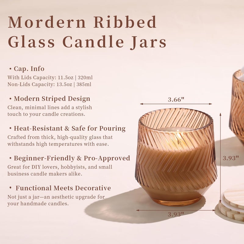 LAMORGIFT 6 Pcs 13.5 OZ Terracotta Large Candle Jars for Making Candles, Ribbed Unique Candle Jars, Glass Jars with Wooden Lids and Labels for Candle Making Supplies, Container, Gift - Image 5