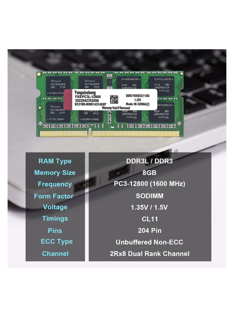 Generic Yongxinsheng DDR3 / DDR3L 8GB Laptop RAM 1600MHz PC3L/PC3-12800 SODIMM Non-ECC Unbuffered 1.35V/1.5V 2Rx8 Dual Rank 204 Pin CL11 Notebook Computer Memory Upgrade Module(Green)  - Image 3