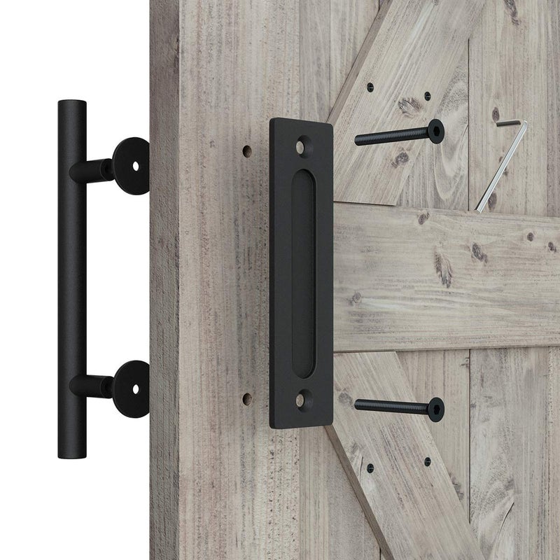 SMARTSTANDARD 12" Heavy Duty Sliding Barn Door Handle, Pull and Flush Hardware Set, Black Powder Coated Finish, Large Rustic Two-Side Design, Round - Image 2