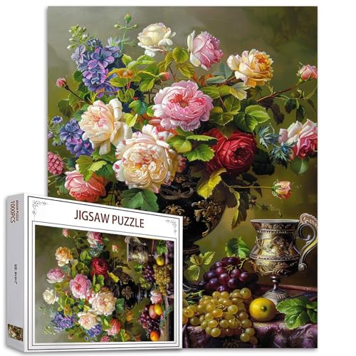 Tucocoo Still Life with Grape Puzzles for Adults 1000 Pieces Colorful Flower PuzzleFine Art Jigsaw Puzzles 1000 Pieces Flower and Fruit PaintingFloral Hard Challenging Classical Painting Puzzles - Image 1
