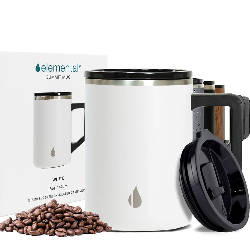 Elemental Insulated Coffee Mug - Triple-Wall Stainless Steel Summit Travel Cup for Hot and Cold Drinks - Thermal Coffee Mug with Lid and Handle for Camping  Office & Travel 16oz - White - Image 1