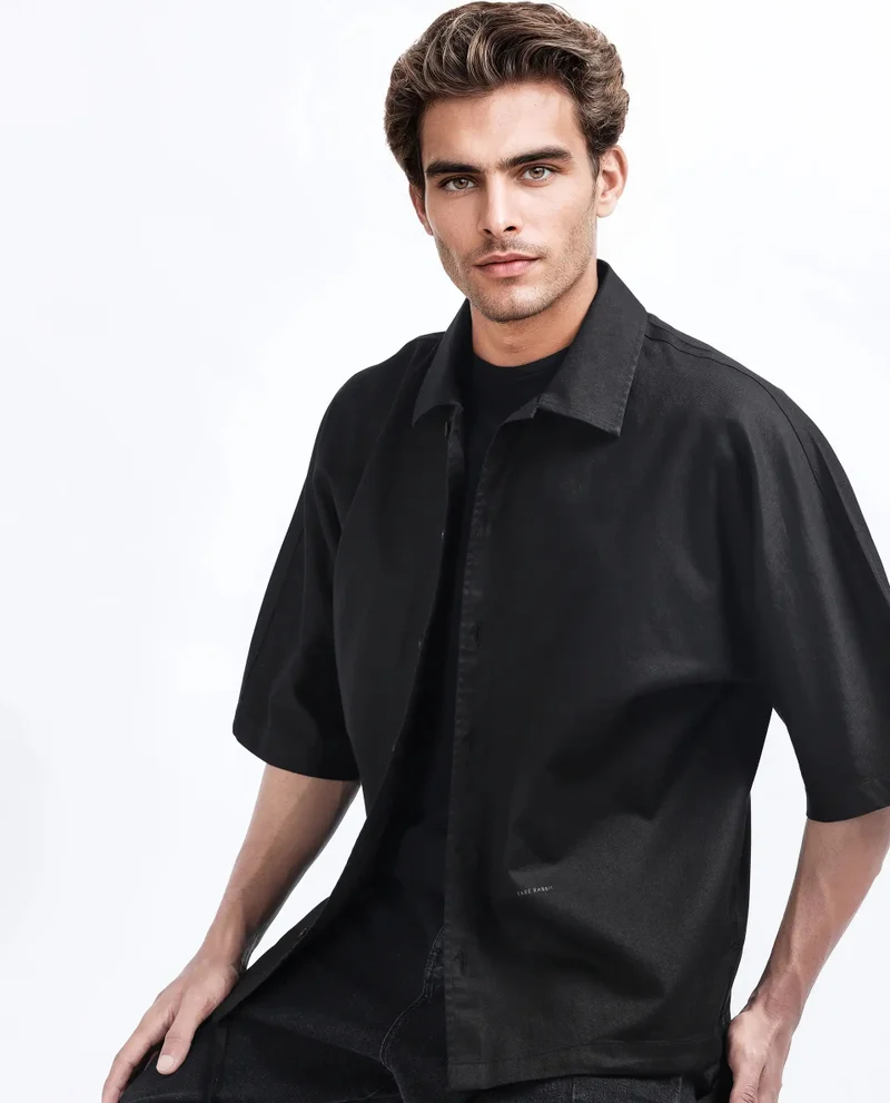 Rare Rabbit Rare Rabbit Men's Twillt Black Cotton Fabric Full Sleeve Collared Neck Button Closure Plain Shirt