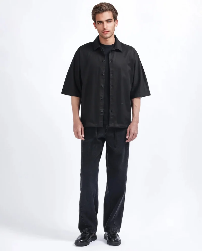 Rare Rabbit Rare Rabbit Men's Twillt Black Cotton Fabric Full Sleeve Collared Neck Button Closure Plain Shirt