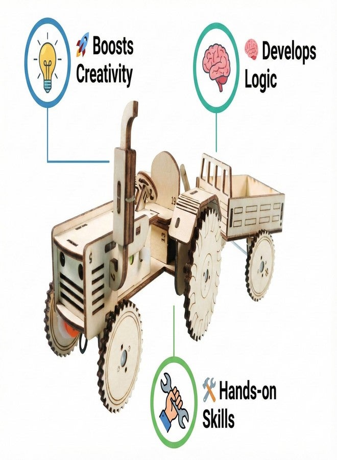 DREWIT STAR 3D Wooden Tractor with Trailer Mechanical Model Kit - Laser Cut DIY Puzzle for Adults and Teens Self-Propelled Engineering Toy Eco-Friendly STEAM Educational Gift Set (Tractor) - Image 4